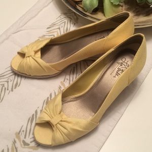 Yellow silk espadrille wedges